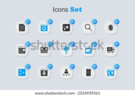 Set Magnifying glass and mobile, Stacks paper money cash, Browser setting, Share, Worldwide, Advertising truck, File document and Light bulb icon. Vector