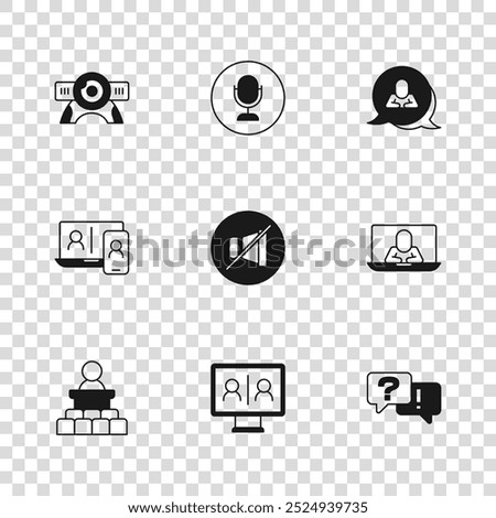 Set Video chat conference, Question and Answer, Mute microphone, Speech bubble, Web camera, Microphone and  icon. Vector