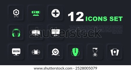 Set Award cup, Playing cards, Computer monitor, mouse, Headphones, Portable video game console, Web camera and Power button icon. Vector