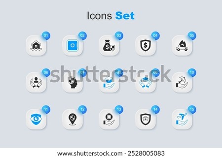 Set Briefcase with shield, Life insurance, Safe, Shield and eye, Plane hand, Umbrella, House flood and Education grant icon. Vector