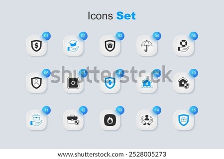 Set Life insurance, Safe, Education grant, Hand holding briefcase, Briefcase with shield, House, Shield dollar and  icon. Vector