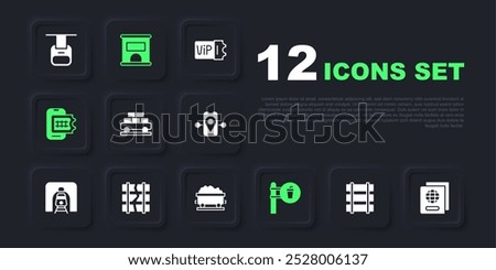 Set Railway, railroad track, Passport, Cargo train wagon, Cafe and restaurant location, Online ticket booking, Broken cracked railway, Ticket office to buy tickets and Coal icon. Vector