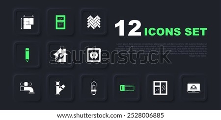 Set Window in room, Worker safety helmet, House with wrench spanner, Hand saw, Pencil eraser, Industry metallic pipe,  and Light bulb icon. Vector