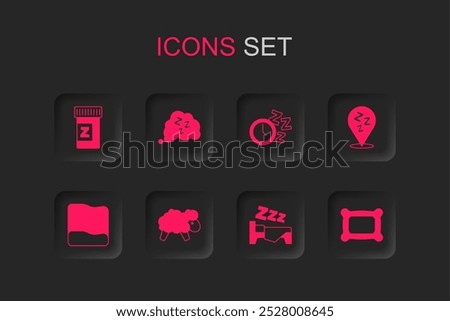 Set Sheep, Sleepy, Sleeping pill, Time to sleep, Pillow, Alarm clock and  icon. Vector