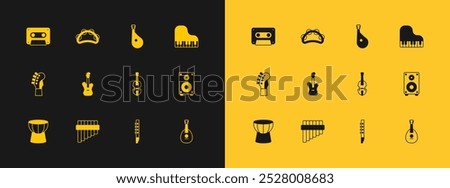 Set Grand piano, Pan flute, Violin, Flute, Electric bass guitar, Bandura, Retro audio cassette tape and Tambourine icon. Vector