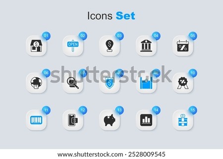 Set Pie chart infographic, Magnifying glass, Hanging sign with text Open, Barcode, Gift box, Discount percent tag, Market store and Shield dollar icon. Vector