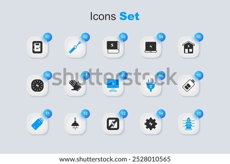 Set Gear and lightning, Electric glove, Screwdriver, Battery charge, tower line, Electrical panel and Smart Tv icon. Vector