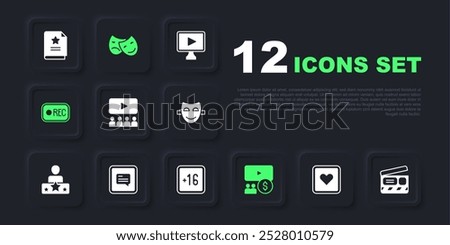 Set Like heart, Movie clapper, Cinema auditorium with screen, Record button, Video subtitles, Comedy and tragedy masks and Plus 16 movie icon. Vector