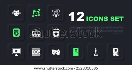 Set Movie trophy, Stereo speaker, clapper, Backstage, CD disk award in frame, Full HD 1080p, Romantic movie and Comedy and tragedy masks icon. Vector