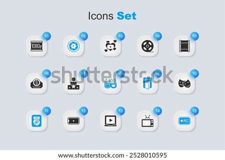 Set Retro tv, Actor star, Camera shutter, CD disk award in frame, Record button, Comedy and tragedy masks, Full HD 1080p and 3D cinema glasses icon. Vector