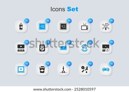 Set Thriller movie, CD disk award in frame, Plus 16, Online play video, Movie, film, media projector, Cinema auditorium with screen, Paper glass water and  icon. Vector