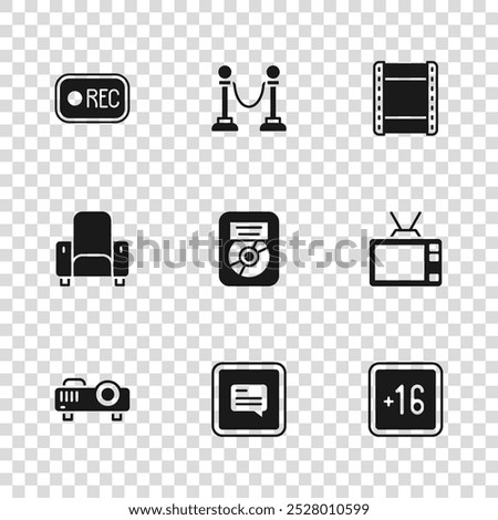 Set Video with subtitles, Retro tv, Plus 16 movie, CD disk award in frame, Play video, Record button, Rope barrier and Cinema chair icon. Vector