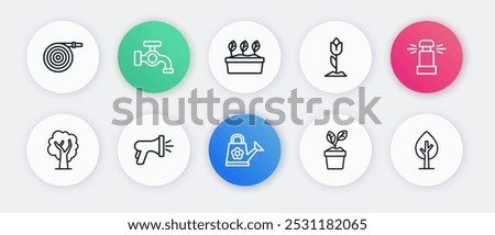 Set line Watering can, Automatic irrigation sprinklers, Tree, Plant pot, Flower tulip,  and Garden hose icon. Vector