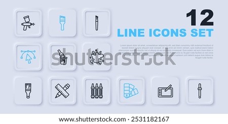 Set line Graphic tablet, Eyedropper color picker palette, Paint bucket with brush, Color guide, Bezier curve, Crossed ruler and pencil,  and Wax crayons for drawing icon. Vector