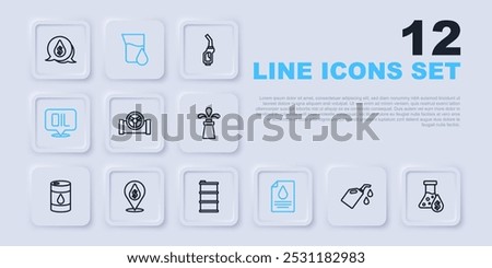 Set line Canister for motor machine oil, Oil petrol test tube, pipe with valve, Contract money and pen, Word, drop dollar symbol,  and Barrel icon. Vector