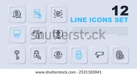 Set line Security camera, Cancelled fingerprint, Open padlock, Lock, Fire sprinkler system, Document and and  icon. Vector