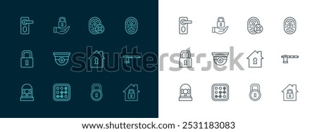 Set line Fingerprint, Graphic password protection, House under, Lock, Security camera, Cancelled fingerprint, door lock and  icon. Vector