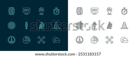 Set line Stopwatch, Car brake disk with caliper, Racing track, Wrench spanner, Shock absorber, helmet, tire wheel and Pit stop icon. Vector