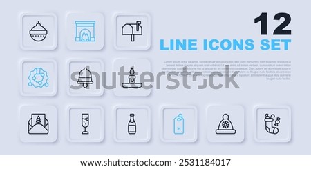 Set line Christmas Santa Claus hat, stocking, ringing bell, Discount percent tag, wreath, Glass of champagne, Interior fireplace and Champagne bottle icon. Vector