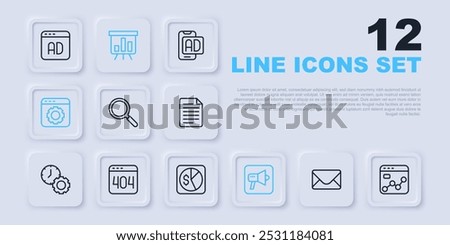 Set line Mail and e-mail, Market analysis, Magnifying glass, Megaphone, Browser setting, Page with 404 error, Board graph chart and  icon. Vector