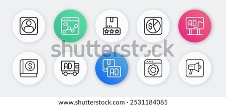 Set line Advertising, Financial book, Browser setting, Market analysis, Consumer product rating, Megaphone and truck icon. Vector