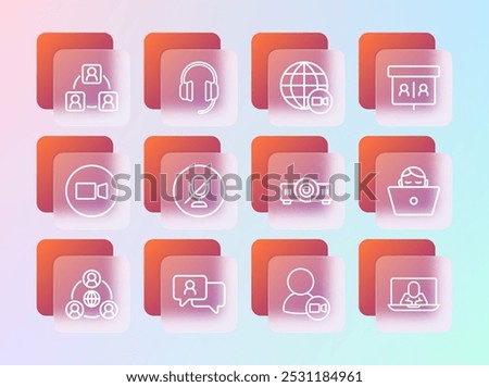 Set line Video chat conference, Speech bubble, Movie, film, media projector, Mute microphone, Meeting and Headphones icon. Vector