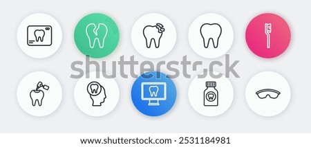 Set line Online dental care, Toothbrush, with caries and drill, Toothache painkiller tablet, Broken tooth, Safety goggle glasses and  icon. Vector