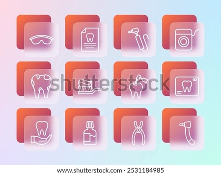 Set line Dental floss, Mouthwash, Tooth with caries and drill, pliers, Toothbrush toothpaste, Safety goggle glasses and Clipboard dental card icon. Vector