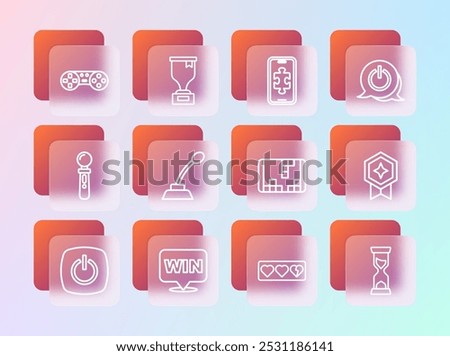 Set line Power button, Medal, Portable video game console, Game life bar, Microphone, Mobile gaming, controller joystick and Award cup icon. Vector