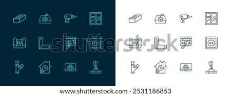 Set line Window in room, House with wrench spanner, Brick wall trowel, Worker safety helmet, Corner ruler, Electric drill machine,  and  icon. Vector