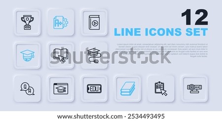 Set line Online quiz, test, survey, Web camera, book, Book, Graduation cap on globe, education, Exam sheet with A plus grade and  icon. Vector