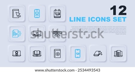 Set line Online book, quiz, test, survey, play video, Graduation cap on mobile, Exam sheet with A plus grade, class, education diploma and Audio icon. Vector