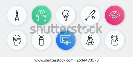 Set line Basketball backboard, Kimono, Baseball helmet, Badminton shuttlecock, bat with, Golf tee, Weight and Punching bag icon. Vector