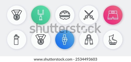 Set line Smart watch with heart, Boxing short, Fitness shaker, Sport expander, Fencing, Bicycle helmet, Skates and Medal icon. Vector