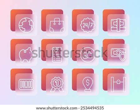 Set line Stacks paper money cash, Medal, Hand like, Cash location pin, Shopping list, Clock 24 hours, Worldwide and Paper shopping bag icon. Vector