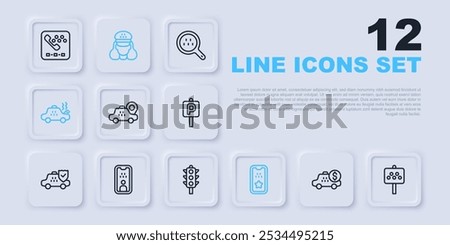 Set line Taximeter device, Road sign for taxi stand, Location car, mobile app, Broken, driver license,  and Traffic light icon. Vector