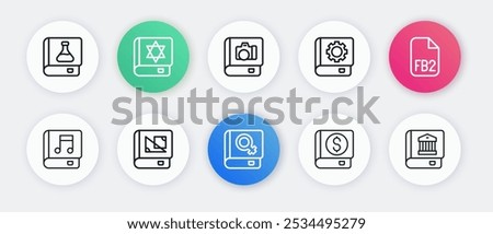 Set line Book about women, FB2 File, Audio book, Financial, User manual, Photo album gallery, Law and geometry icon. Vector