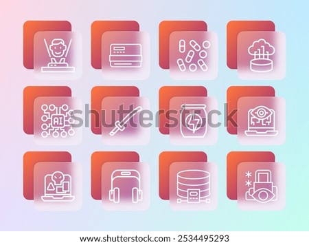 Set line Network cloud connection, Headphones, Energy drink, Cloud database, Katana, Medical pill biohacking, Hologram and Credit card icon. Vector