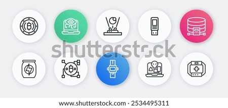 Set line Wrist watch, Cloud database, Energy drink, Internet piracy, USB flash drive, Hologram, First aid kit and Blockchain technology Bitcoin icon. Vector