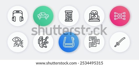 Set line Smart glasses on spectacles, Neural network, Eye scan, Speech bubble chat, Radioactive warning lamp, Cryogenic capsules, Katana and Humanoid robot icon. Vector