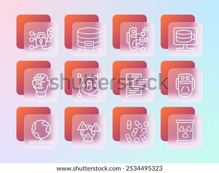 Set line Cloud database, Earth with exclamation mark, Speech bubble chat, Medical pill biohacking, Blockchain technology Bitcoin, Humanoid robot, Cyber security and  icon. Vector