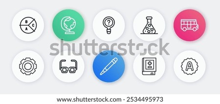 Set line Pencil with eraser, School Bus, Gear, Book mathematics, Test tube, Unknown search, Exam sheet A plus grade and Glasses icon. Vector