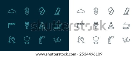 Set line Leaning tower in Pisa, Italian cook, Slice of pizza, Perfume, Carnival mask, Olives, French beret and Pope icon. Vector