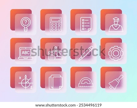 Set line Graduate and graduation cap, File document, Pencil with eraser, Protractor grid, Identification badge, Clipboard checklist, Unknown search and Calculator icon. Vector