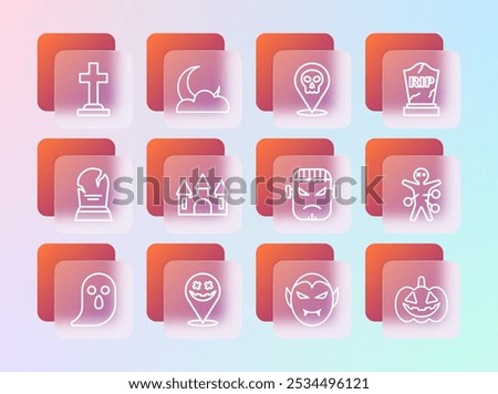 Set line Tombstone with RIP written, Happy Halloween holiday, Frankenstein face, Vampire, Castle, Skull, cross and Moon and stars icon. Vector