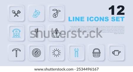 Set line Wicker basket, Watering can, Garden pitchfork, Gardening scissors, Farm house, Stop colorado beetle, Fresh berries and Sun icon. Vector