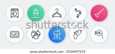 Set line House, Rubber plunger, Toilet, Portable vacuum cleaner, Industry metallic pipe, Hanger wardrobe, paper roll and Sponge icon. Vector