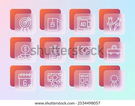 Set line Push pin, Stacks paper money cash, News, Contract, Advertising, Target financial goal and Cup of tea icon. Vector