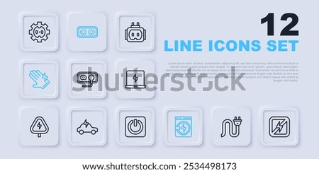 Set line Electric plug, No lightning, Electrical outlet, Washer, glove, car,  and Power button icon. Vector