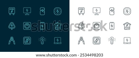 Set line Lightning bolt, No lightning, Mobile phone, Creative lamp idea, Power button, Refrigerator, Electric meter and Smart Tv icon. Vector